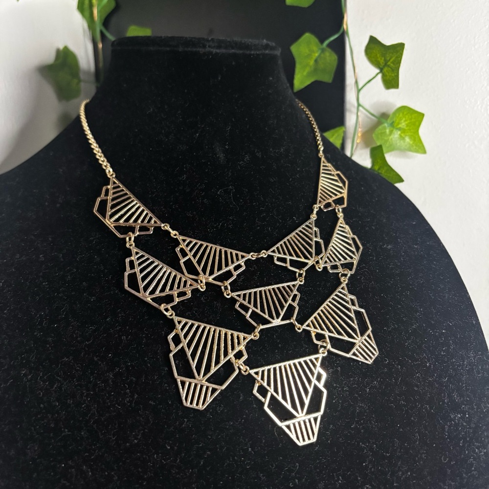 ✨ Gold Tone Geometric Bib Statement Necklace | Art Deco Style ✨